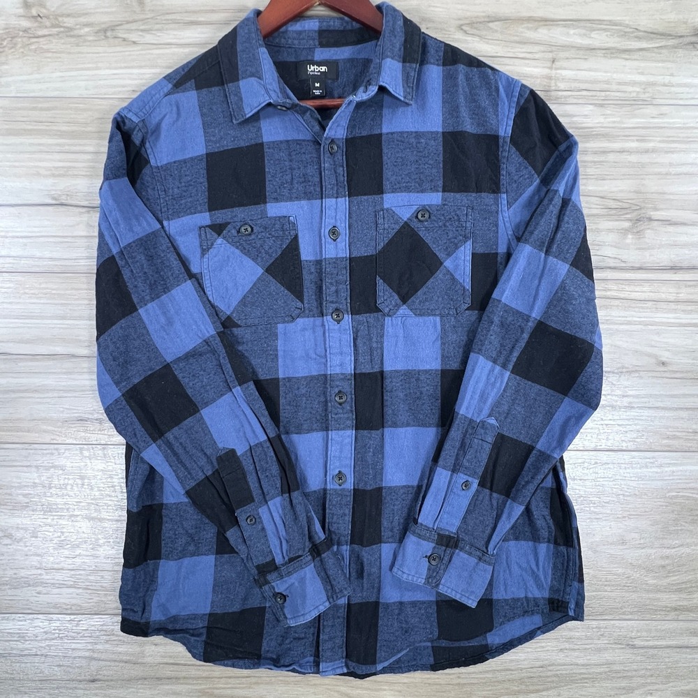 Urban Pipeline Mens Flannel Shirt Medium Blue Black Buffalo Plaid Button Down